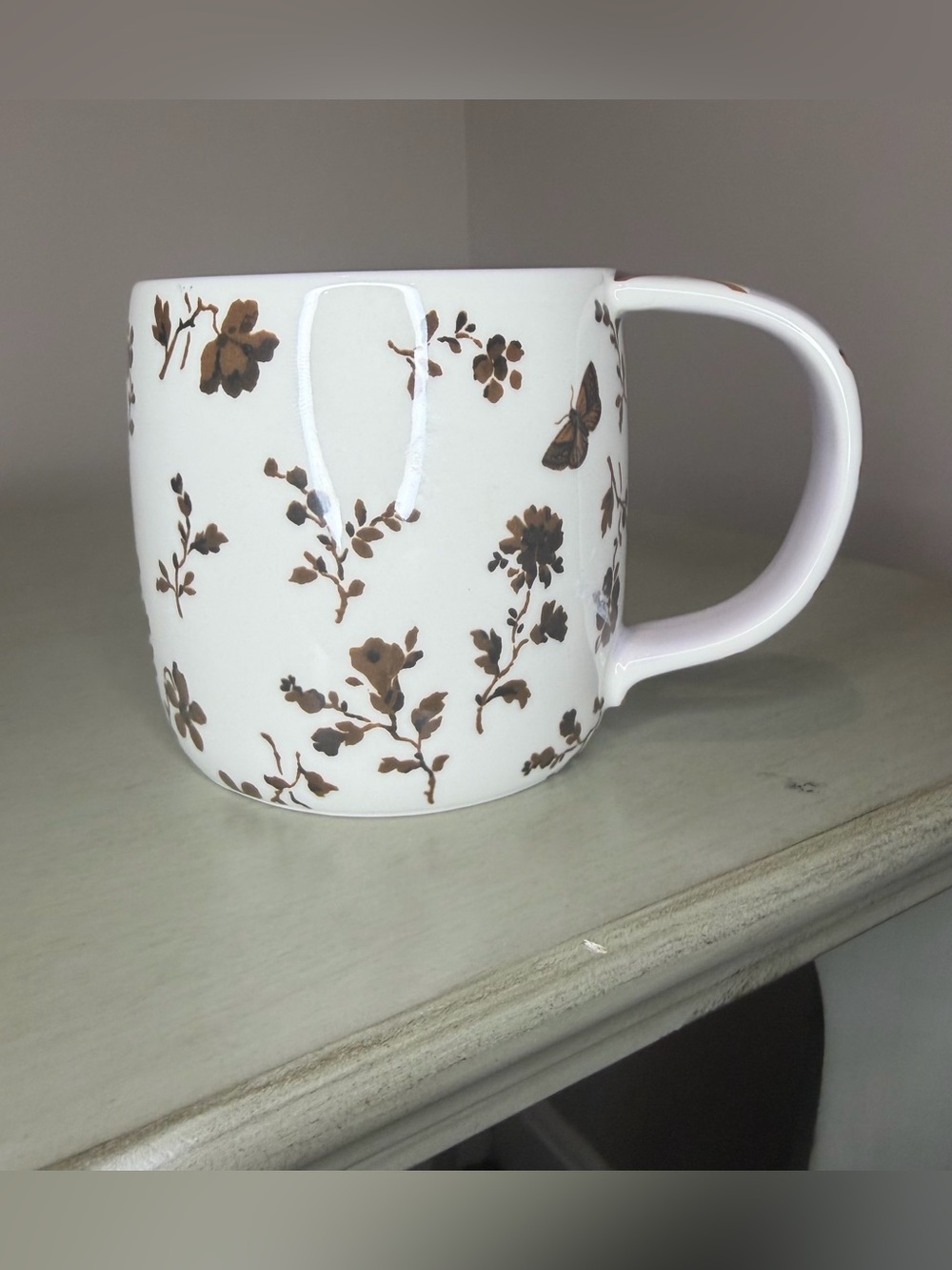 Anthropologie Brown Floral Ceramic Coffee Mug - White Background